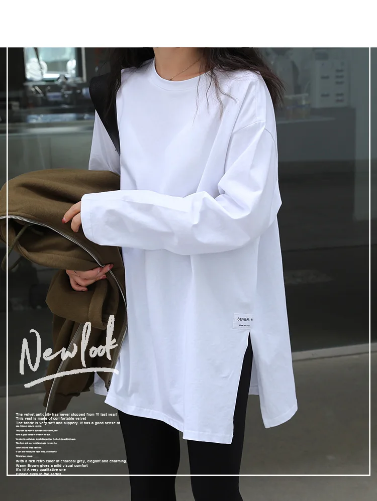 여성용 둥근 네크라인 긴팔 티셔츠, 넉넉한 핏, 옆트임 - Wallpaper 리뷰 및 가격